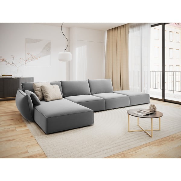 Šviesiai pilkos spalvos iš velveto kampinė sofa (su kairiuoju kampu/su gultu) Vanda – Mazzini Sofas-image-1