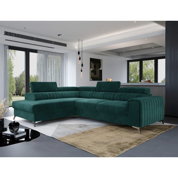 Žalios spalvos iš velveto sulankstoma/su sandėliavimo vieta kampinė sofa (su kairiuoju kampu/„L“ formos) Laurence – ELTAP-image-1
