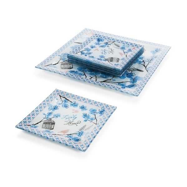 Baltos ir mėlynos spalvos 6 "Mezzo" desertinių lėkščių ir torto lėkštės rinkinys