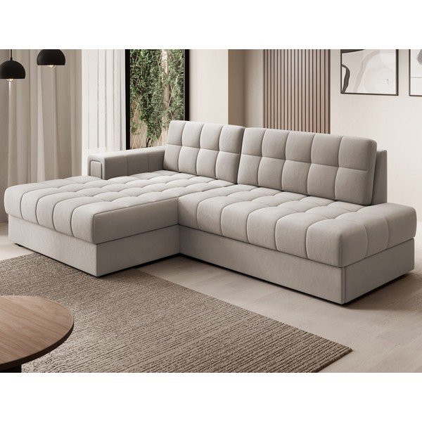 Smėlio spalvos iš velveto sulankstoma kampinė sofa (su kairiuoju kampu/su gultu) Blezalt – ELTAP-image-1