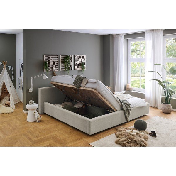 Smėlio spalvos dvigulė lova audiniu dengta su sandėliavimo vieta su lovos grotelėmis 200x240 cm Cube – Meise Möbel-image-2