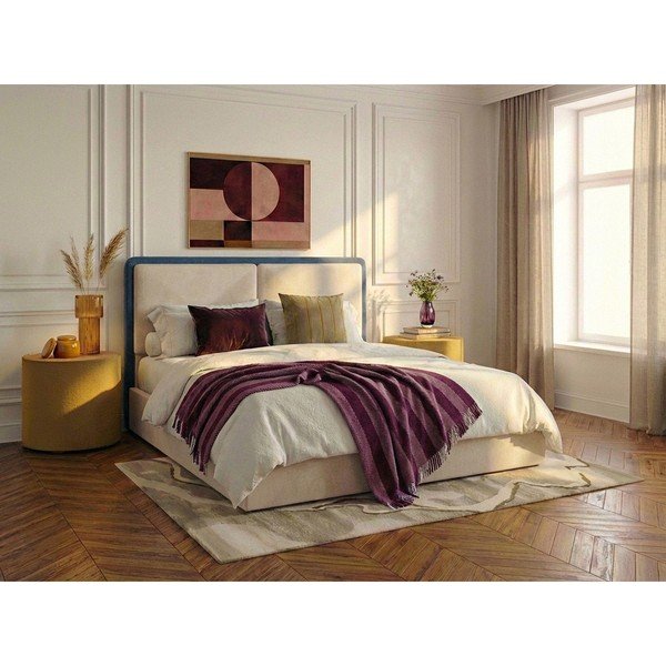 Mėlynos spalvos/smėlio spalvos iš audinio dvigulė lova su sandėliavimo vieta su lovos grotelėmis 180x200 cm Mara – Bobochic Paris-image-1