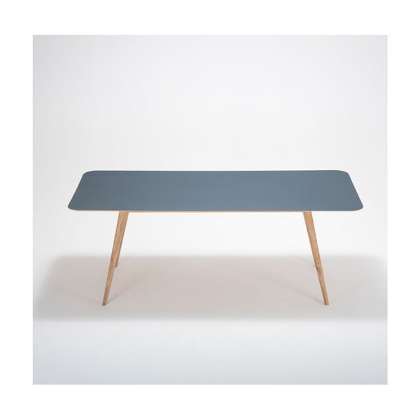 Valgomojo stalas iš ąžuolo masyvo su tamsiai mėlynu stalviršiu "Gazzda Linn", 200 x 90 cm-image-1
