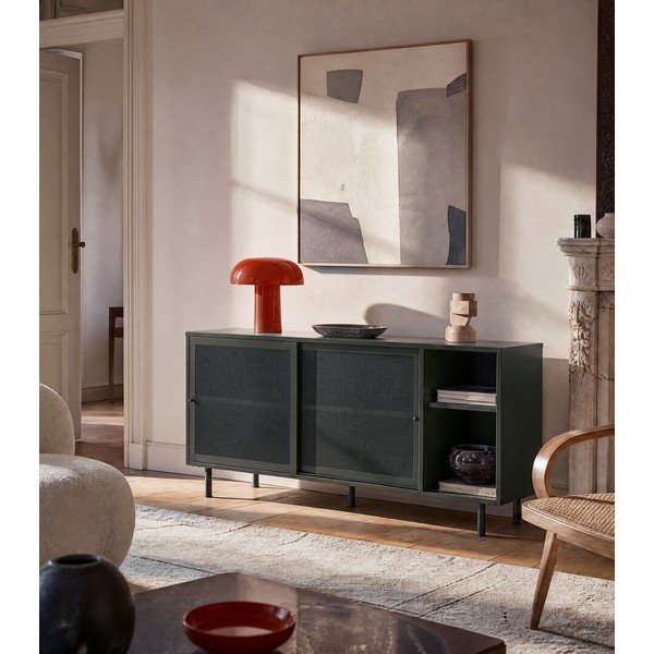 Iš metalo žema šoninė spintelė tamsiai žalios spalvos su stumdomomis durimis 160x75 cm Veep – Unique Furniture-image-1