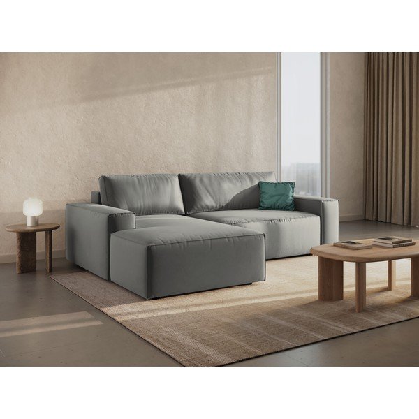 Iš velveto sulankstoma/su sandėliavimo vieta kampinė sofa šviesiai pilkos spalvos (su kairiuoju kampu/su gultu) Jodie – Micadoni -image-1