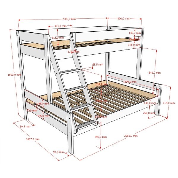 Baltos spalvos dviauktė vaikiška lova su lovos grotelėmis 140x200/90x200 cm Primo – Vipack-image-2
