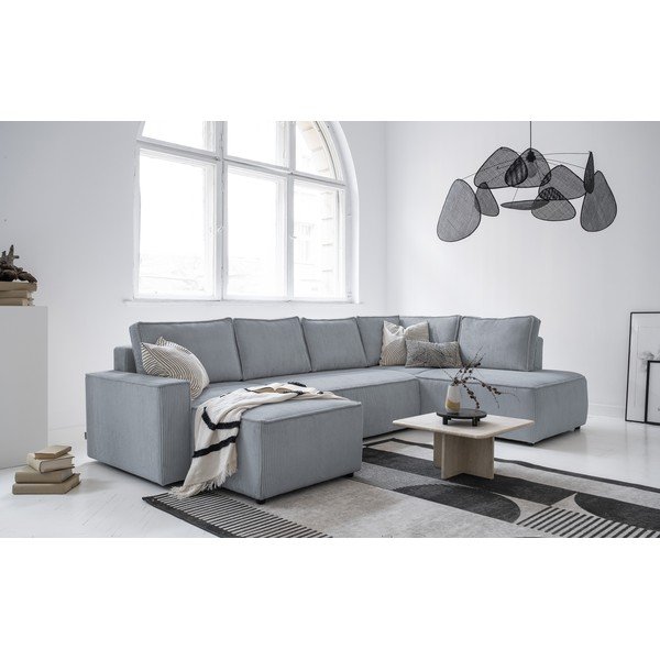 Iš kordinio velveto sulankstoma kampinė sofa šviesiai pilkos spalvos (su dešiniuoju kampu/„U“ formos) Brave Dave – Miuform-image-2