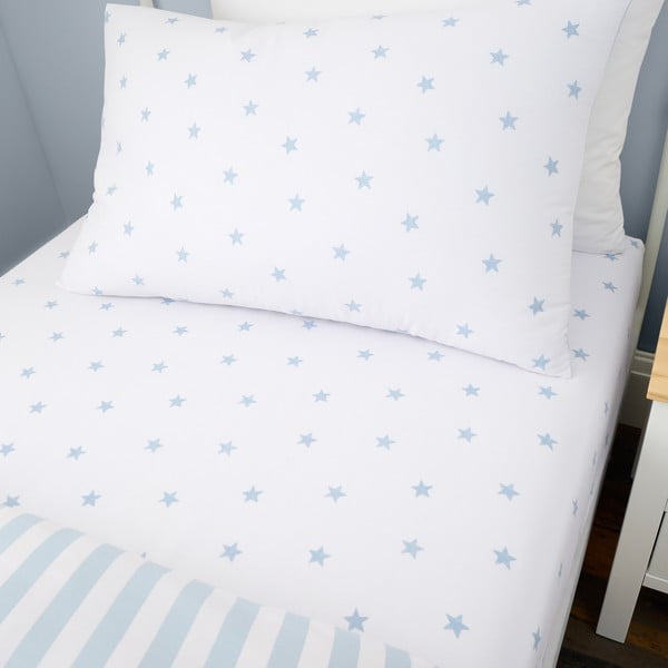 Baltos spalvos/mėlynos spalvos iš medvilnės viengulė vaikų patalynė su guma 90x190 cm Mini Star & Stripes – Bianca-image-1
