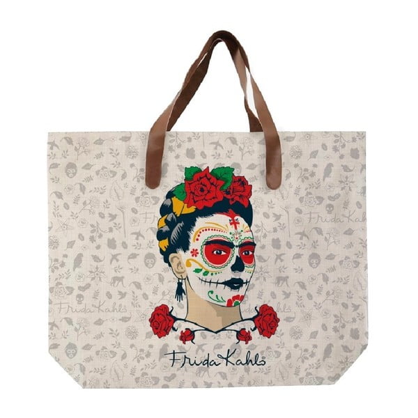 Drobės krepšys su dirbtinės odos rankena Madre Selva Frida Skull, 55 x 40 cm