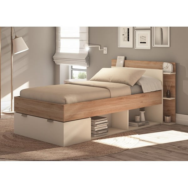 Viengulė lova baltos spalvos/natūralios spalvos iš ąžuolo su sandėliavimo vieta be grotelių 90x200 cm Albo – Marckeric-image-1