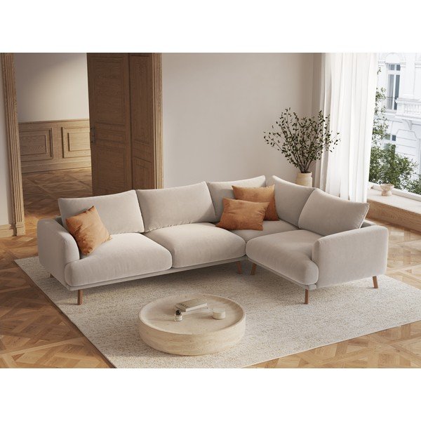 Smėlio spalvos kampinė sofa iš velveto (su dešiniuoju kampu/„L“ formos) Naomi – Micadoni -image-1