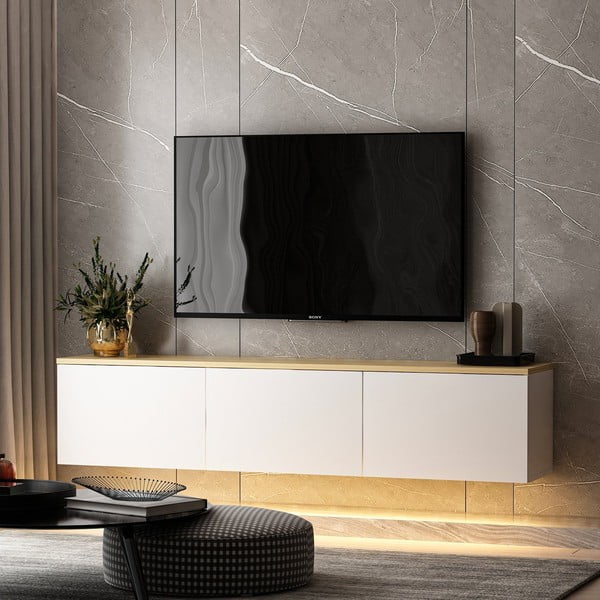 TV spintelė baltos spalvos/natūralios spalvos iš ąžuolo 160x35x32 cm Neon – Kalune Design-image-4