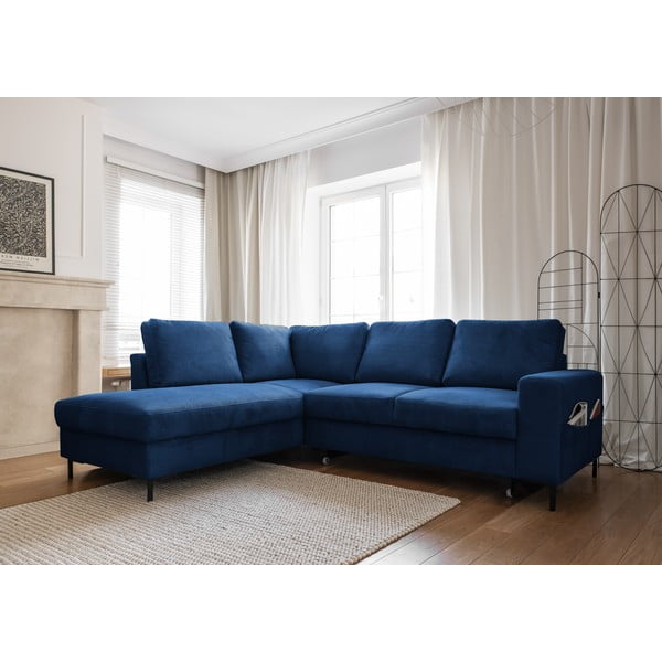 Iš kordinio velveto sulankstoma kampinė sofa tamsiai mėlynos spalvos (su kairiuoju kampu) Lofty Lilly – Miuform-image-3