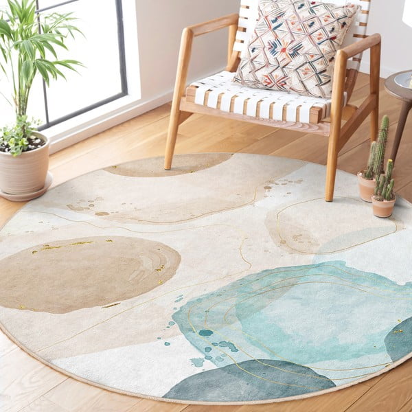 Skalbiamas apvalios formos kilimas mėlynos spalvos/smėlio spalvos ø 150 cm Puddle – Mila Home-image-2