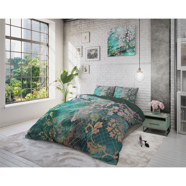 Žalia medvilninė dvivietė patalynė Pure Cotton Tiran Flower, 240 x 200 cm-image-1