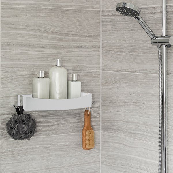 Baltos spalvos sieninė savaime besilaikanti lentyna Compactor Clever Flip Shower Shelf-image-1