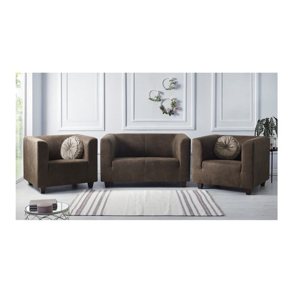 Bobochic Paris Django Preston tamsiai rudos spalvos dvivietės sofos ir 2 fotelių komplektas
