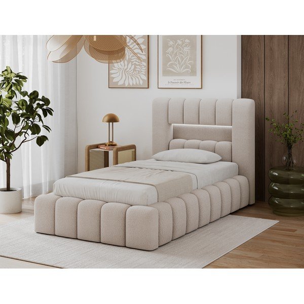 Smėlio spalvos viengulė lova audiniu dengta su sandėliavimo vieta su lovos grotelėmis 90x200 cm Lamica – ELTAP-image-1