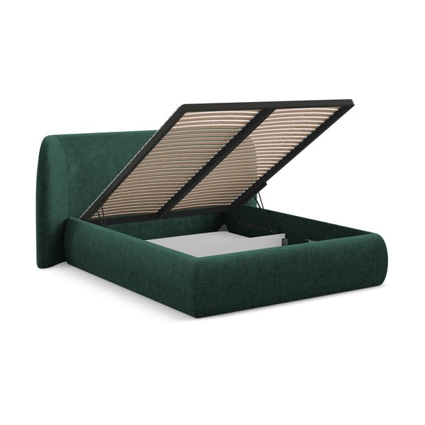 Tamsiai žalios spalvos dvigulė lova audiniu dengta su sandėliavimo vieta su lovos grotelėmis 180x200 cm Hauke – Makamii-image-3
