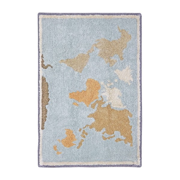 Skalbiamas/rankų darbo mėlynos spalvos/smėlio spalvos iš medvilnės vaikiškas žaidimų kilimas 70x100 cm Mini Worldmap – Lorena Canals