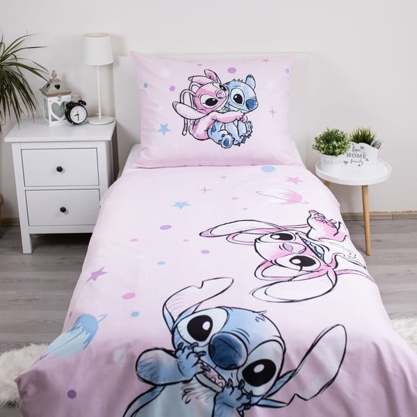 Rožinės spalvos iš medvilnės viengulė vaikiška patalynė 140x200 cm Lilo a Stitch "Universe" – Jerry Fabrics-image-1