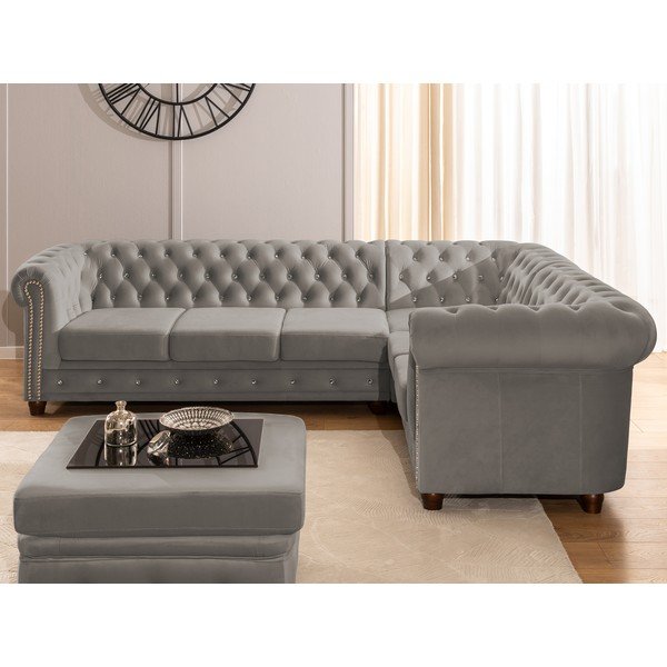 Pilkos spalvos sulankstoma kampinė sofa iš velveto (su dešiniuoju kampu/„L“ formos) York Blik – Ropez-image-4