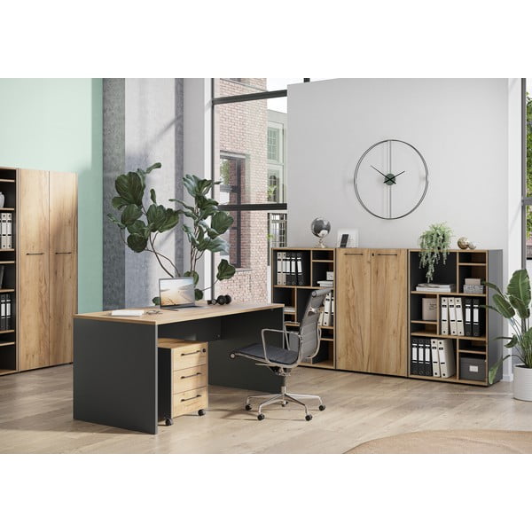 Antracito spalvos/natūralios spalvos knygų spinta  iš ąžuolo 75x196x40 cm Podium – Germania-image-2