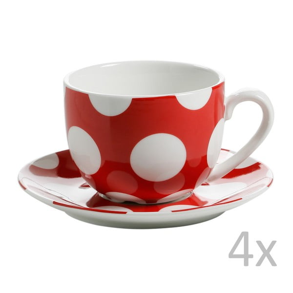 4 raudonų porcelianinių puodelių ir lėkščių rinkinys "Maxwell & Williams Polka Dot", 250 ml