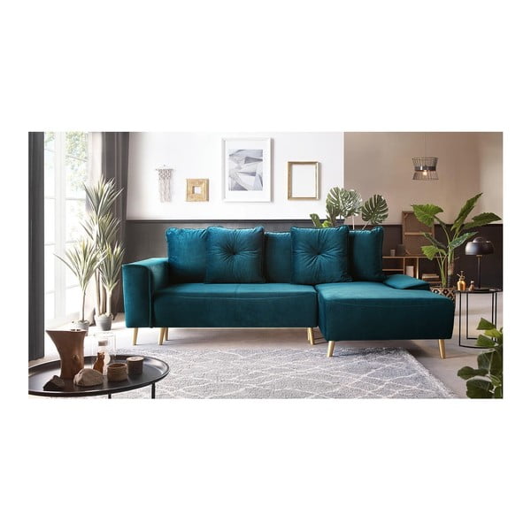 "Bobochic Paris Hera" benzininio aksomo kampinė sofa-lova su auksinėmis kojomis, dešinysis kampas-image-4