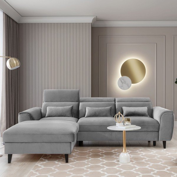Pilkos spalvos iš velveto sulankstoma/su sandėliavimo vieta kampinė sofa (su kairiuoju kampu/su gultu) Foble – ELTAP-image-1