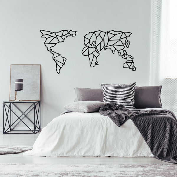Juodos spalvos metalinė sieninė dekoracija Geometric World Map, 150 x 80 cm
