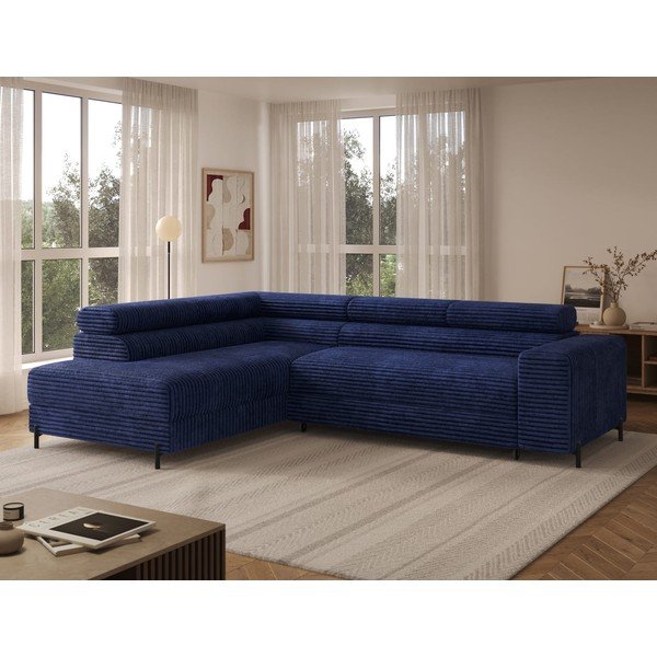 Tamsiai mėlynos spalvos kampinė sofa iš kordinio velveto (su kairiuoju kampu/„L“ formos) Colesio – ELTAP-image-2