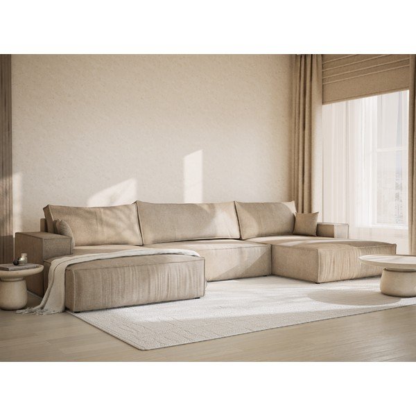 Smėlio spalvos sulankstoma/su sandėliavimo vieta kampinė sofa iš šenilinio audinio („U“ formos) Kyoto – Maison de Rêve-image-1