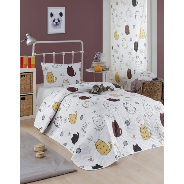 Lovos užvalkalo ir pagalvės užvalkalo rinkinys su medvilnės mišiniu "Eponj Home Hello Cats White", 160 x 220 cm