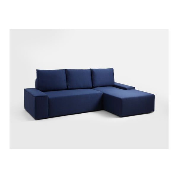 Mėlyna kampinė sofa-lova su daiktų laikymo vieta ir poilsio guoliu dešinėje pusėje Individualizuotos formos "Flopp