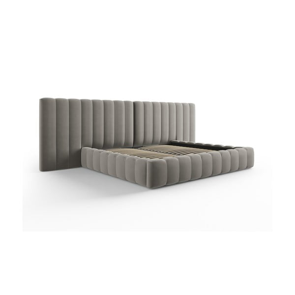 Dvigulė lova pilkos spalvos audiniu dengta su sandėliavimo vieta su lovos grotelėmis 200x200 cm Gina – Milo Casa