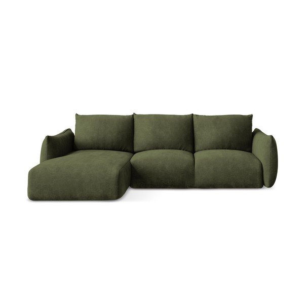 Žalios spalvos iš šenilinio audinio sulankstoma kampinė sofa (su kairiuoju kampu/su gultu) Leila – Makamii