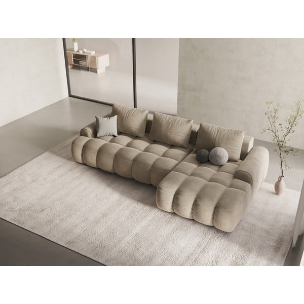 Smėlio spalvos iš velveto sulankstoma/su sandėliavimo vieta kampinė sofa (su dešiniuoju kampu/su gultu) Linz – Cosmopolitan Design-image-1