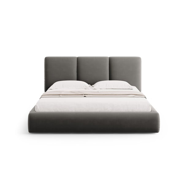 Iš aksomo dvigulė lova pilkos spalvos audiniu dengta su sandėliavimo vieta su lovos grotelėmis 140x200 cm Brody – Mazzini Beds-image-3