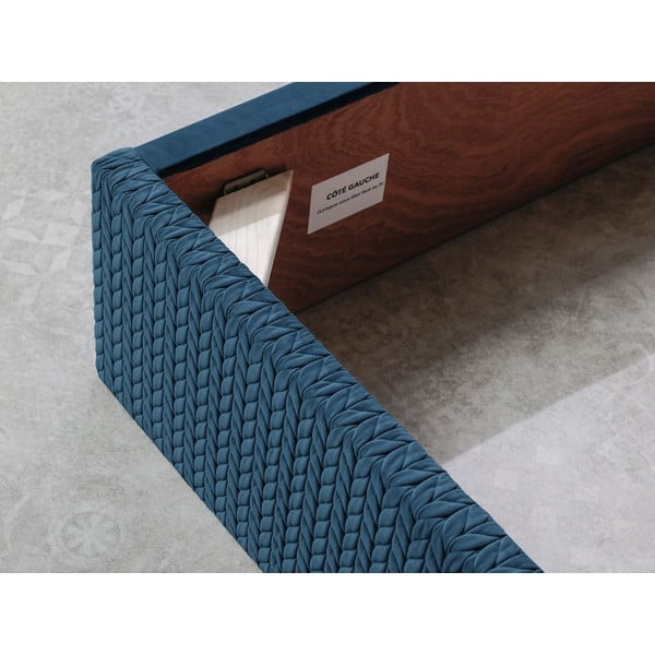 Tamsiai mėlyna minkšta dvigulė lova su daiktadėže ir grotelėmis 160x200 cm Adele - Bobochic Paris-image-4