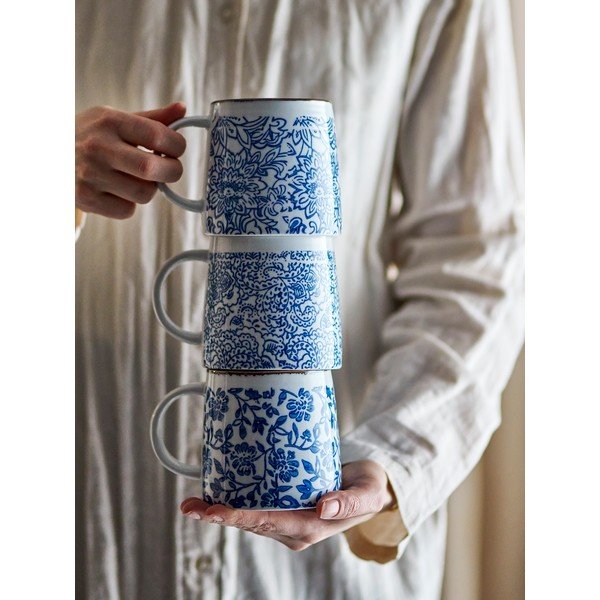 Baltos spalvos/mėlynos spalvos iš molio puodeliai 3 vnt. Molly – Bloomingville-image-1