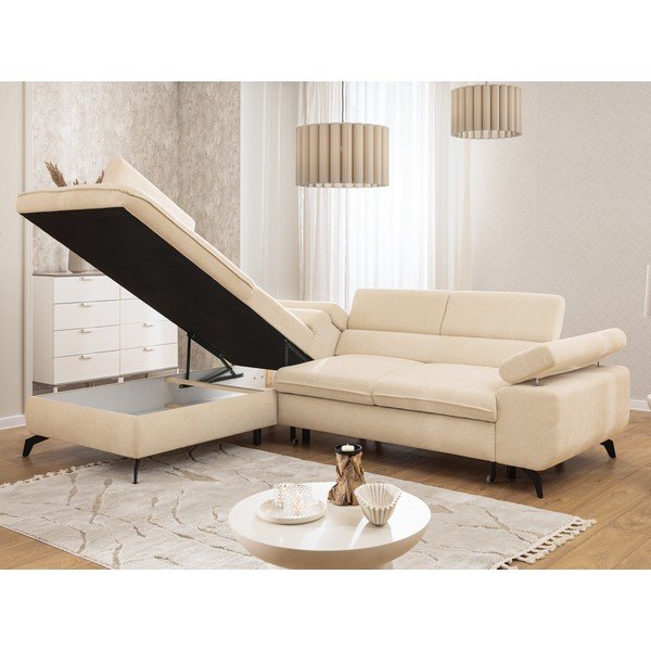 Kreminės spalvos kampinė sofa iš šenilinio audinio (su kairiuoju kampu/„L“ formos) Marbeya  – Ropez-image-1