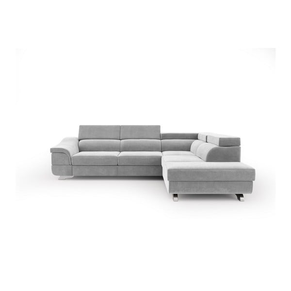 "Windsor & Co Sofos Apollon" šviesiai pilka kampinė sofa-lova su aksomo apmušalais, dešinysis kampas