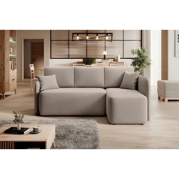Smėlio spalvos iš velveto sulankstoma/su sandėliavimo vieta kampinė sofa (su dešiniuoju kampu/su gultu) Hadson – ELTAP-image-1