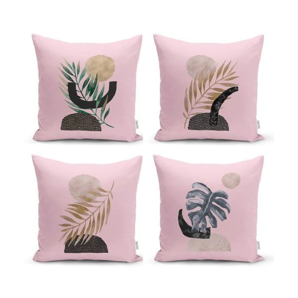 4 dekoratyvinių užvalkalų rinkinys Minimalistiniai pagalvėlių užvalkalai Geometriniai lapai rožinės spalvos, 45 x 45 cm