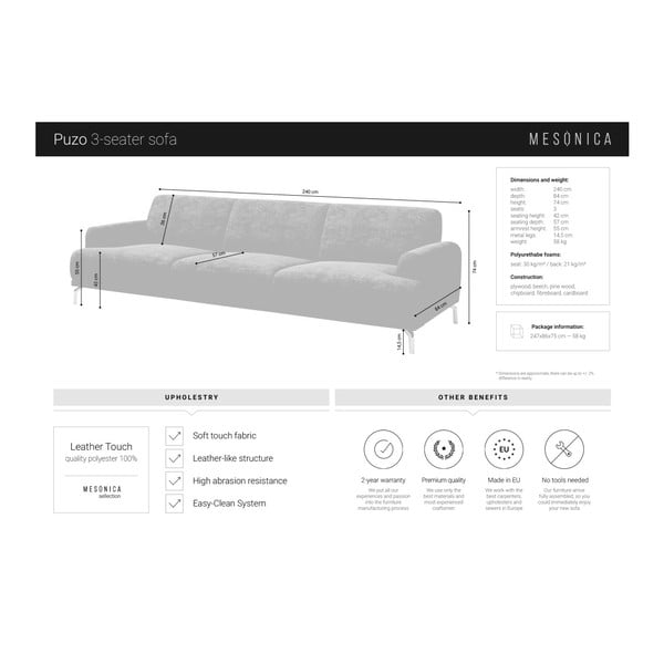 Pilka dirbtinės odos sofa MESONICA Puzo, 240 cm-image-4
