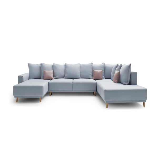 Pastelinės mėlynos spalvos U formos sofa-lova "Bobochic Paris Panoramique XXL Mola", kairysis kampas