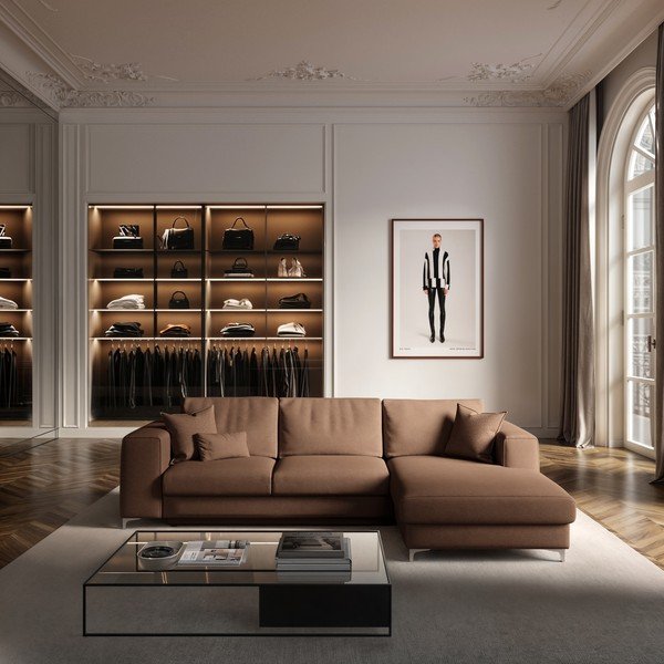 Rudos spalvos iš velveto sulankstoma/su sandėliavimo vieta kampinė sofa (su dešiniuoju kampu/su gultu) Rene – Rodier-image-1