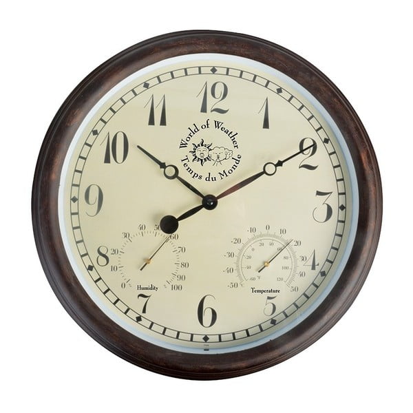 Lauko sieninis laikrodis su arabiškais skaitmenimis ir termometru Esschert Design Minute