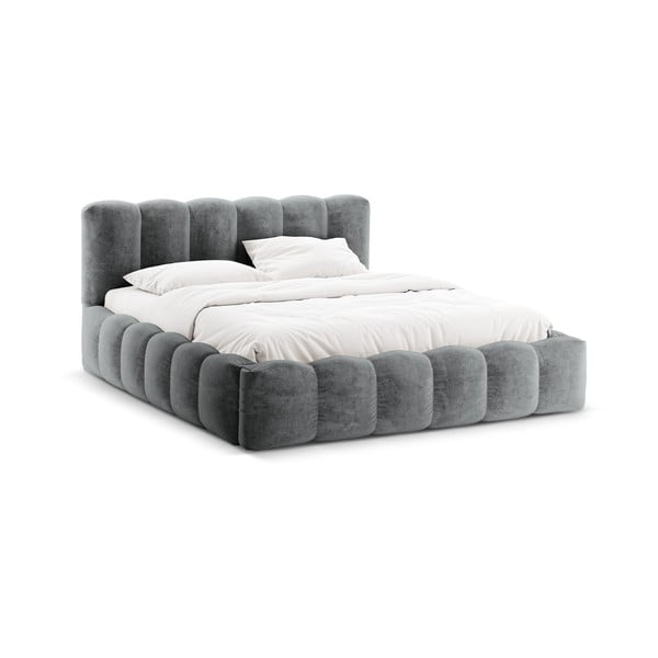 Dvigulė lova pilkos spalvos audiniu dengta su sandėliavimo vieta su lovos grotelėmis 200x200 cm Lupine – Micadoni Home-image-3